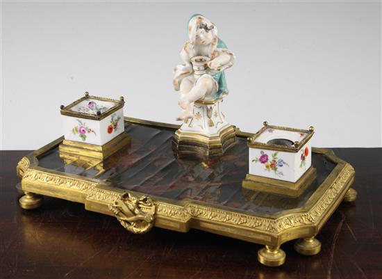 A Continental ormolu and porcelain mounted ink stand, 18th century and later, 32cm wide